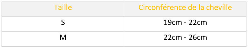 tableau de mesure des tailles de la circonférence de la cheville