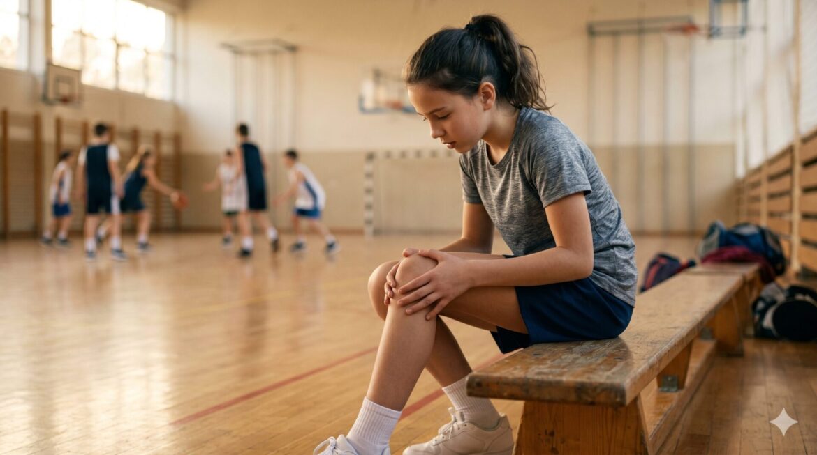Parent examinant le genou douloureux de son enfant adolescent, illustration des 7 causes de douleur au genou chez l'enfant