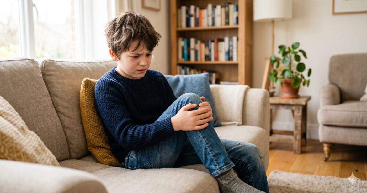 Enfant adolescent tenant son genou douloureux sous la rotule, signe possible de maladie d'Osgood-Schlatter