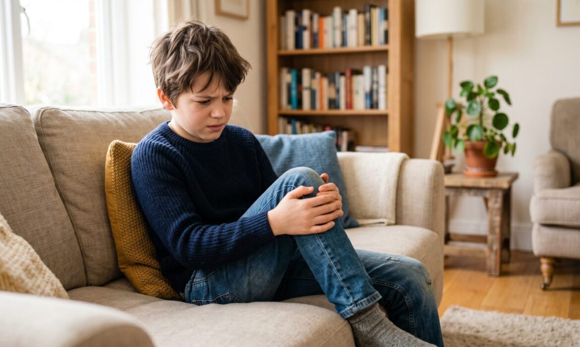 Enfant adolescent tenant son genou douloureux sous la rotule, signe possible de maladie d'Osgood-Schlatter
