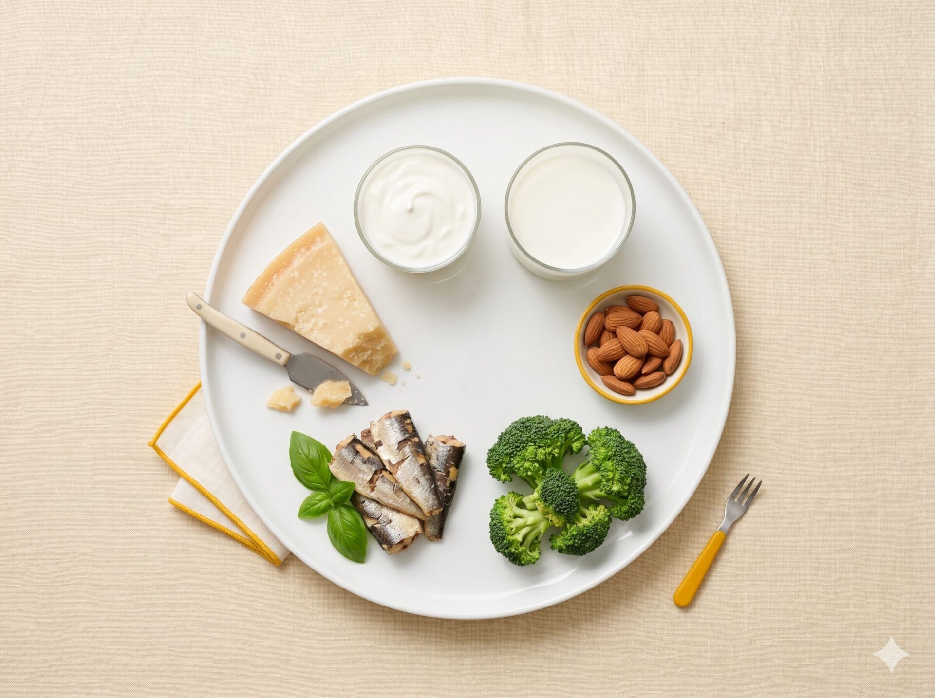 Vue du dessus d'une assiette avec parmesan, yaourt, lait, amandes, sardines et brocoli, principales sources de calcium et protéines pour un ado avec Osgood-Schlätter