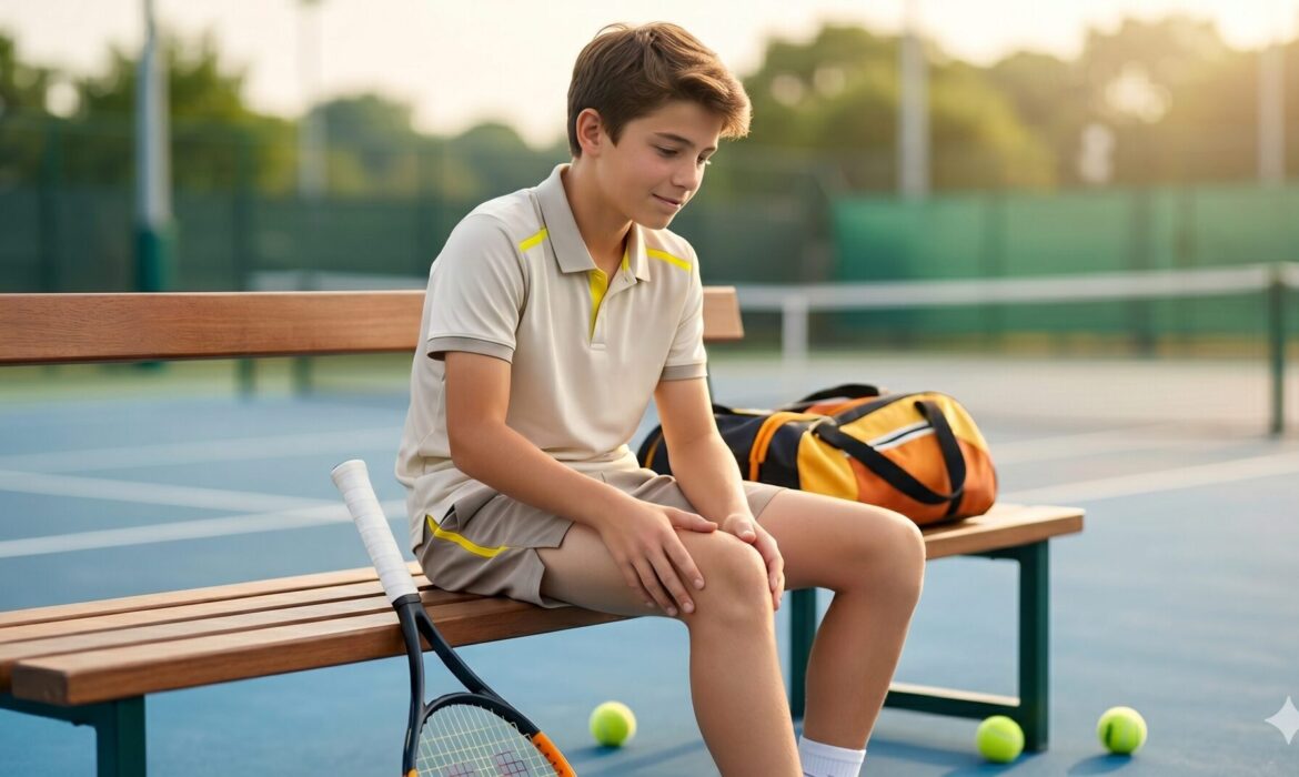 Adolescent en tenue de tennis regardant son genou, douleur typique de la maladie d'Osgood-Schlätter