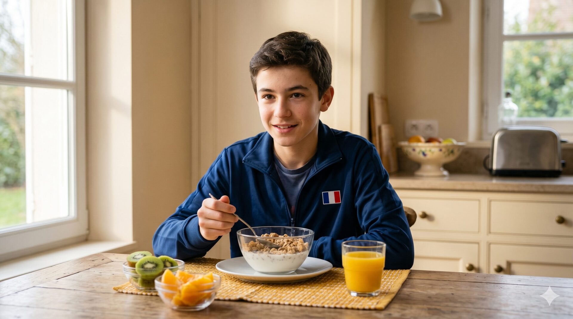 Adolescent souriant au petit-déjeuner avec bol de céréales et lait, kiwi, orange et jus de fruit frais