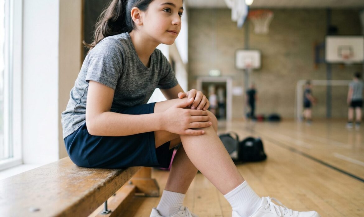 Adolescente en tenue de sport regardant son genou, douleur typique de la maladie d'Osgood-Schlätter