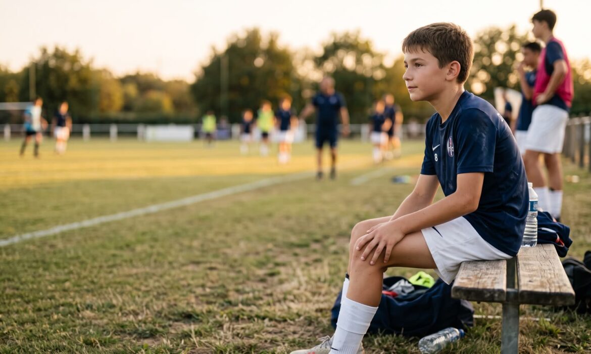 Adolescent assis sur un banc au bord d un terrain de football a la fin de l entrainement
