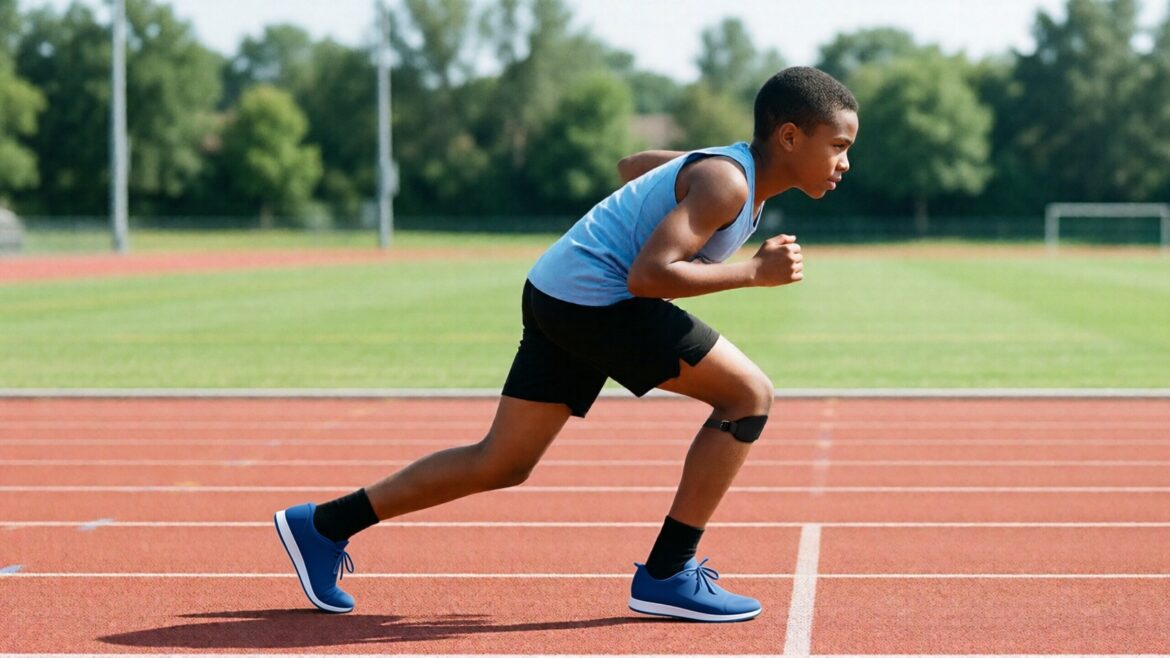 Jeune garçon en position de départ de sprint sur une piste d’athlétisme, orthèse Orthorepass portée sous le genou