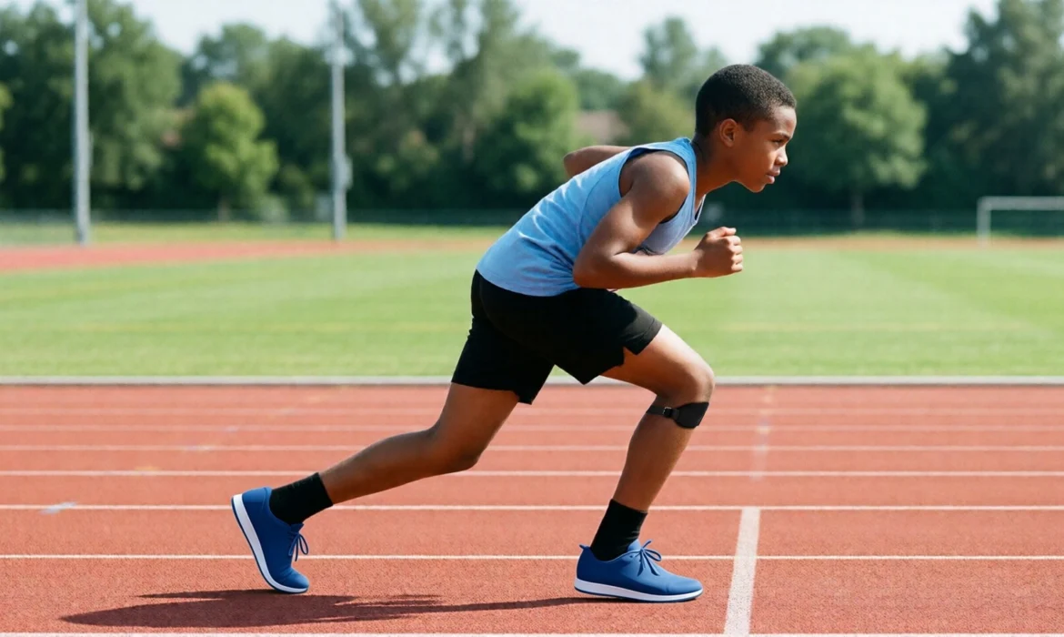 Jeune garçon en position de départ de sprint sur une piste d’athlétisme, orthèse Orthorepass portée sous le genou